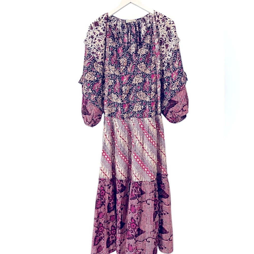 Ulla Johnson Mixed Floral Midi Dress in Pink and Purple - Picture 1 of 6